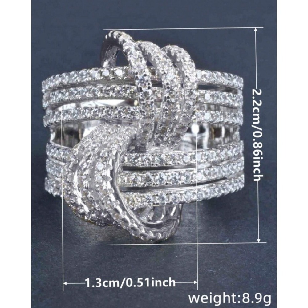 Silver Tone Multi Row Pave Knot Statement Ring Size 8 Wide Band Crystal Ring